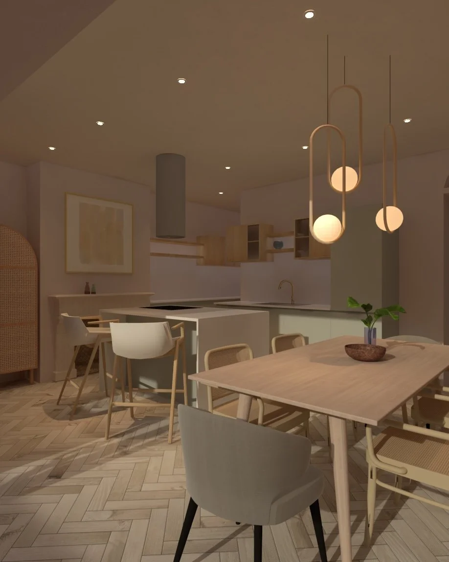 A modern open-concept dining and kitchen area with a wooden dining table, six chairs, pendant lights above, and kitchen cabinets and appliances in neutral tones.