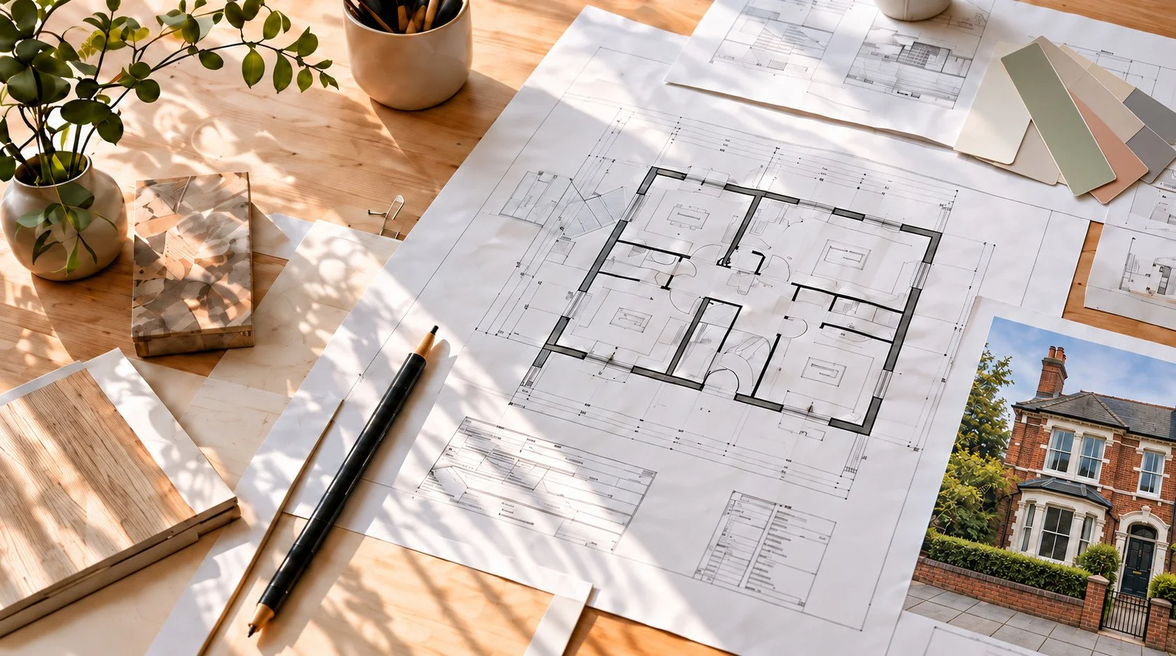 Illustrative architectural floor plans, pencils and colour swatches on a design desk, for Door 5 planning-stage design support in Bristol.