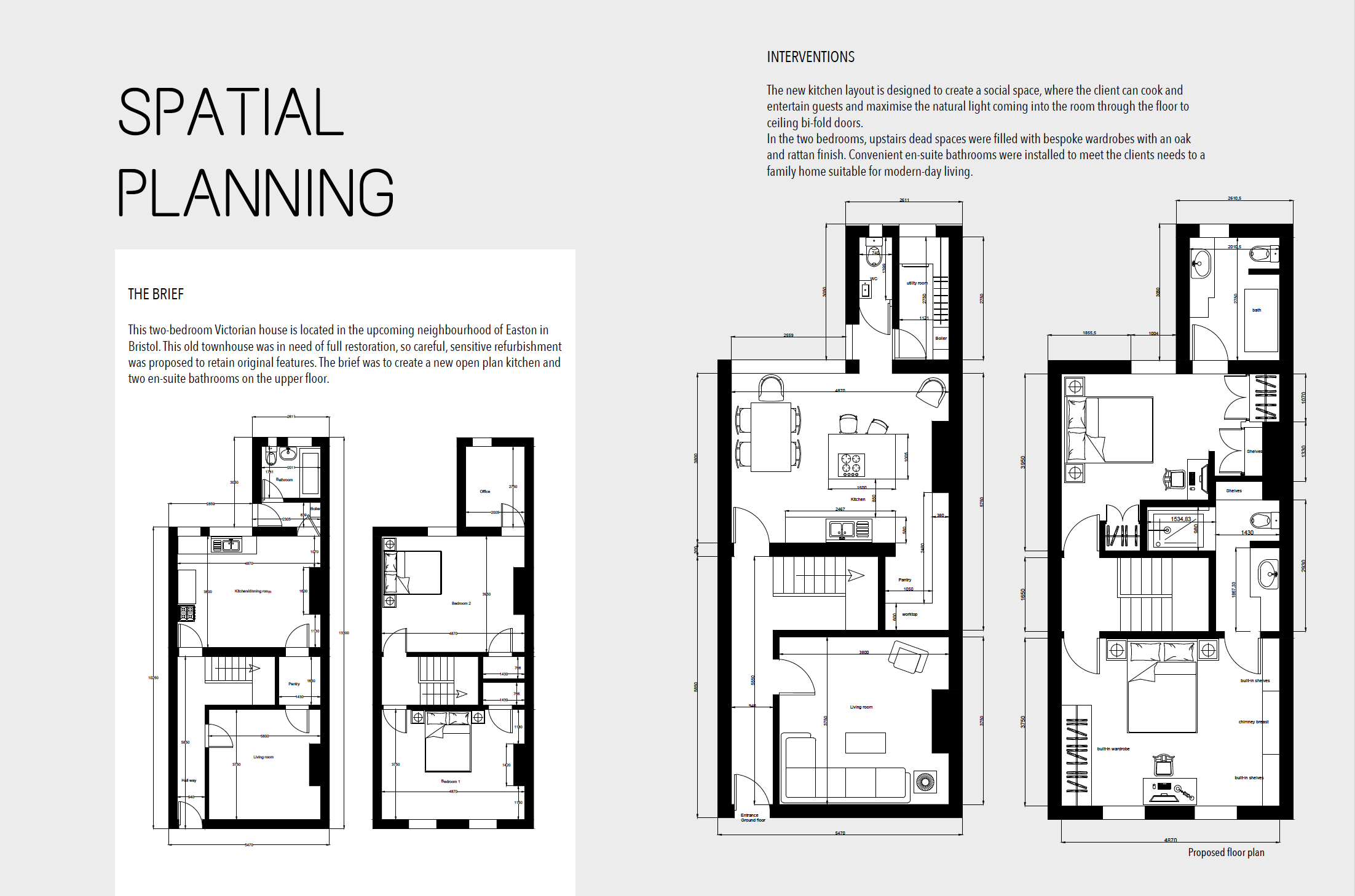 Floor plans and interior design layout for a two-bedroom Victorian house, including detailed room measurements and descriptions.