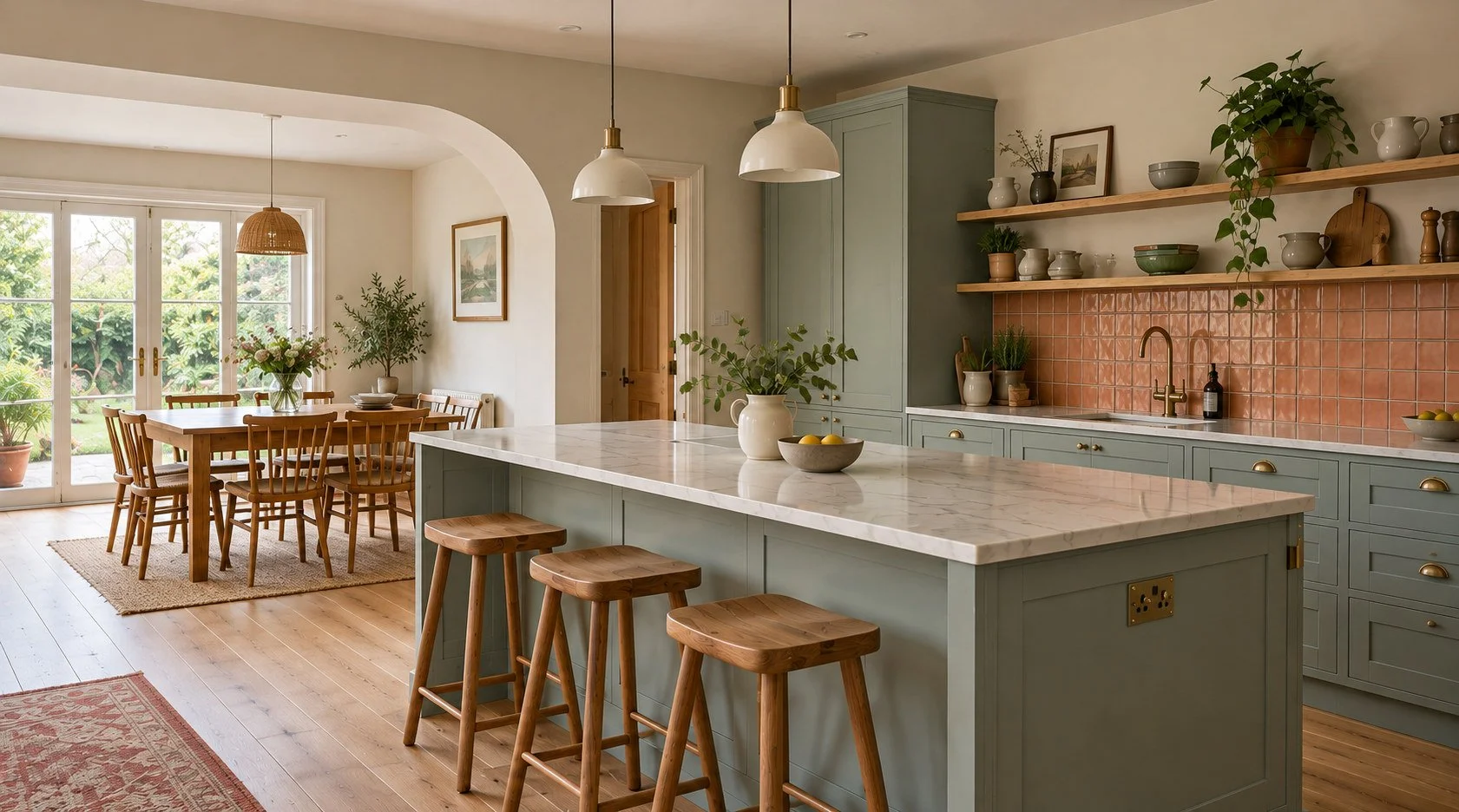 Illustrative kitchen layout with a pale green island, wooden stools, terracotta tiled splashback and connected dining area, for Door 5 home layout design in Bristol.
