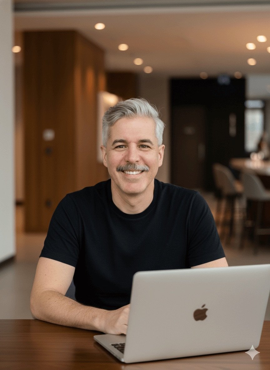 A smiling man with gray hair and a mustache sitting at a table with a silver MacBook in a modern, well-lit room.
