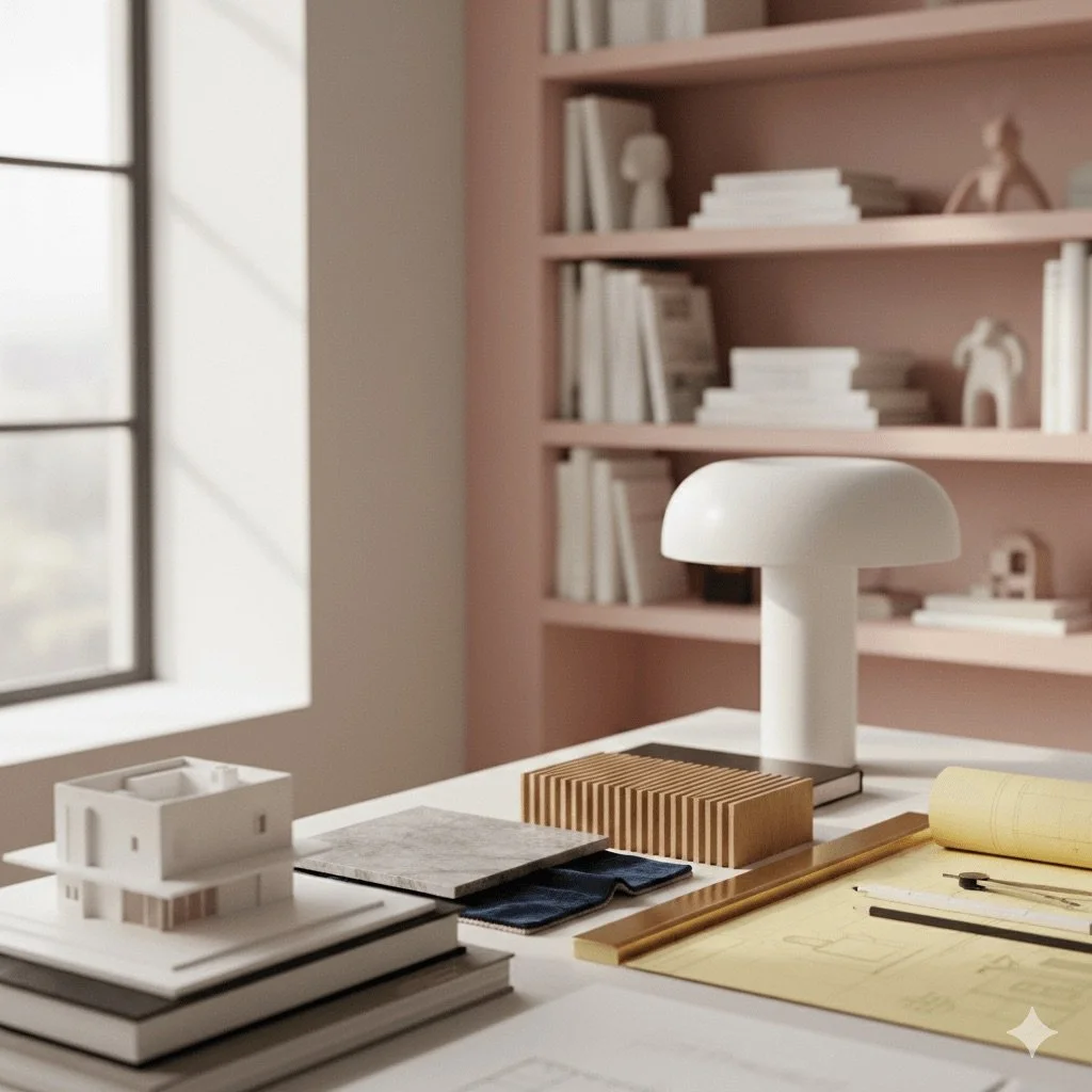 A workspace with architectural models, sketches, and design samples on a white table, with a pink bookshelf filled with books and decor in the background, and a window letting in natural light.
