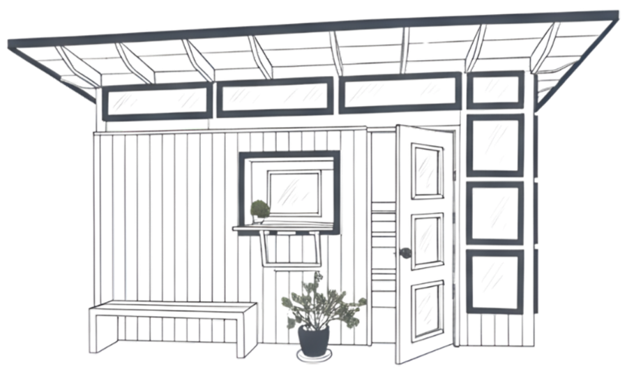 Simple outdoor structure with a wooden frame, glass windows, and a door, featuring a small potted plant and a bench outside.