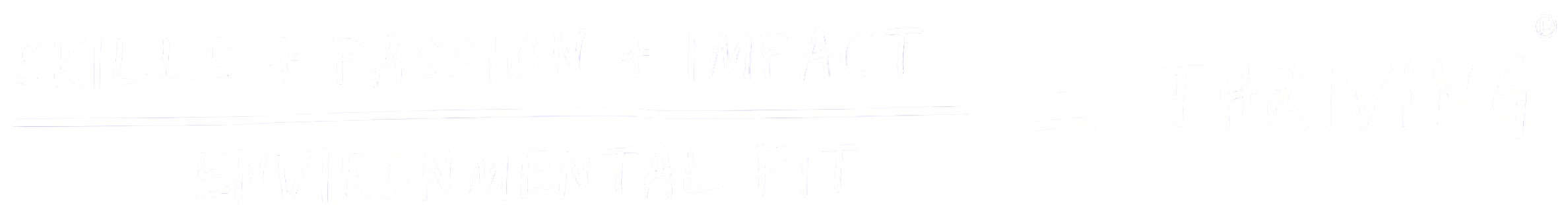 Equation reading: (Skills + Passion + Impact) / Environmental Fit = Thriving, in white handwritten text on a black background.