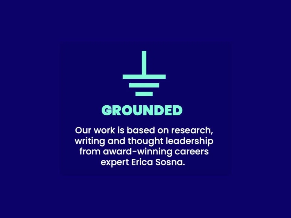 Graphic with text "GROUNDED" and description about research and thought leadership by Erica Sosna on a dark background.