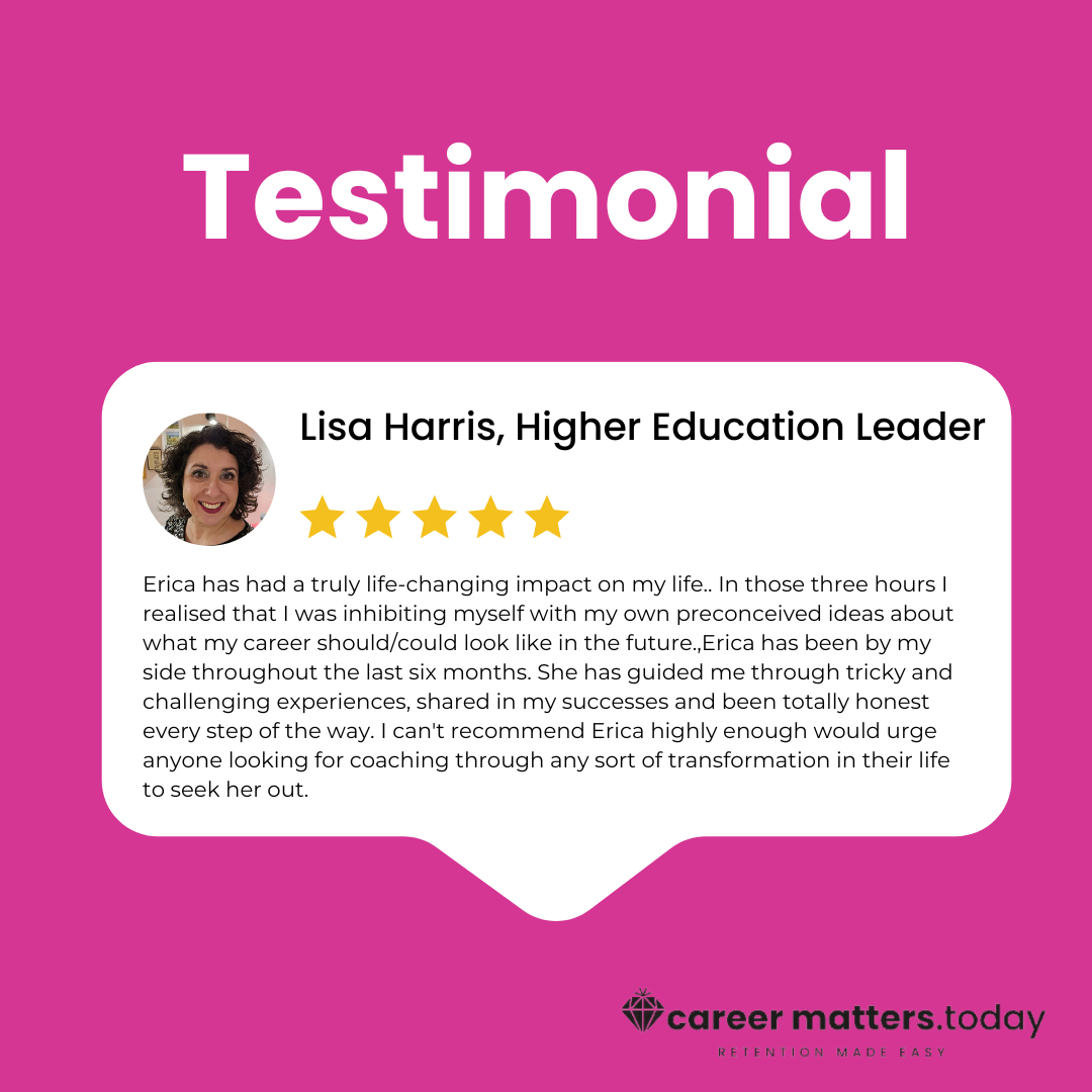 Testimonial card with a five-star rating for a higher education leader named Lisa Harris. It includes a positive review of Erica's life-changing impact on Lisa's career over six months. The card features a purple background and a logo for "career mat
