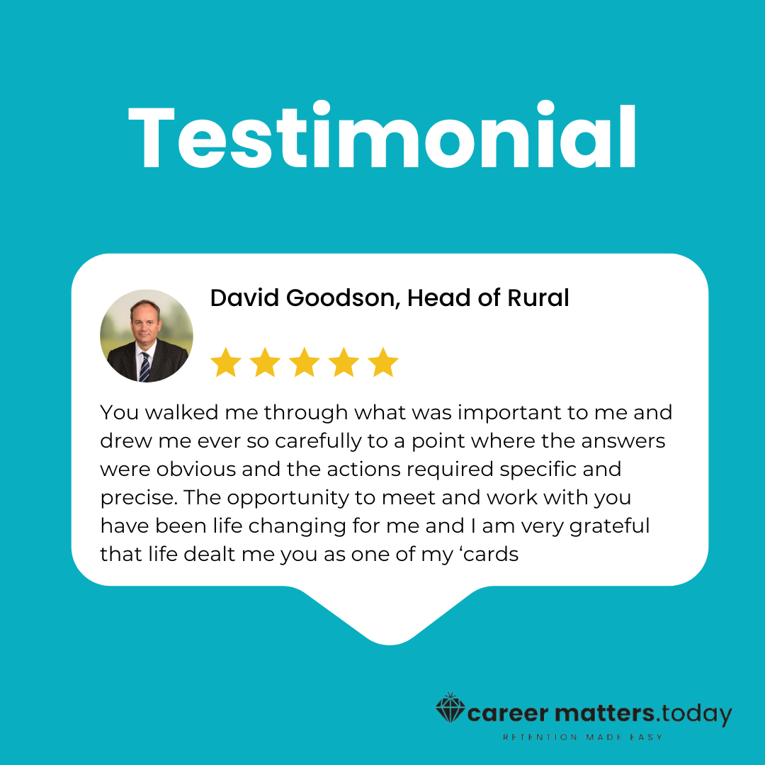 Testimonial from David Goodson, Head of Rural, with a 5-star rating. The testimonial text expresses gratitude for insightful guidance, calling it life-changing. A small portrait photo is included. Logo at the bottom says "career matters.today" with t