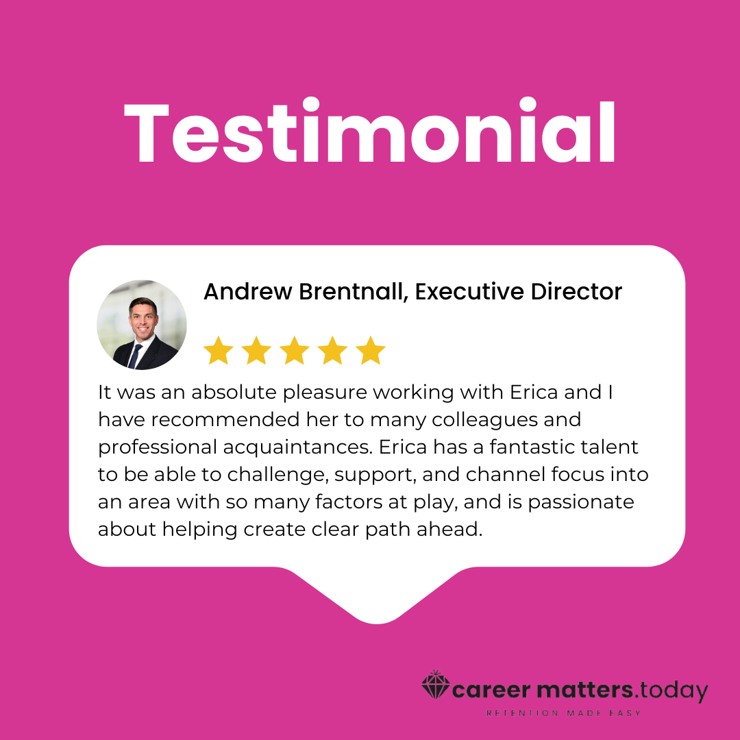 A testimonial with a pink background featuring a review by an executive director. It includes a photo of the director, a 5-star rating, and a positive comment about working with Erica. The testimonial is from 'career matters.today' with their logo at