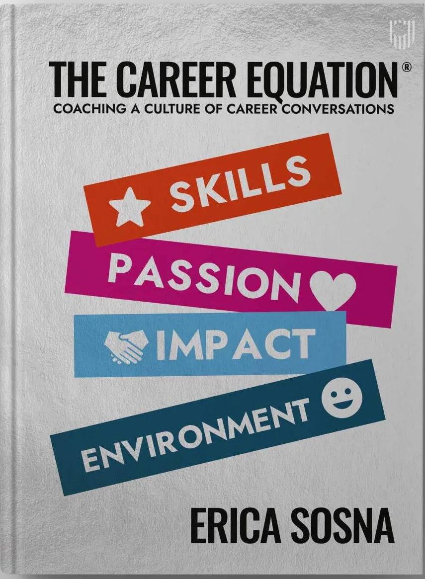 Book cover of "The Career Equation" by Erica Sosna featuring bold text emphasizing skills, passion, impact, and environment on colored banners.