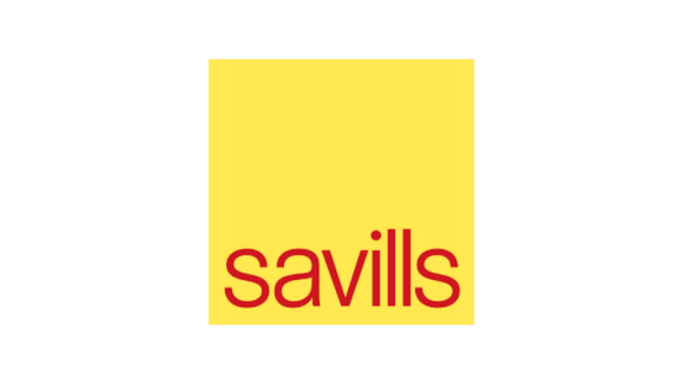 Logo of Savills with yellow background and red text.