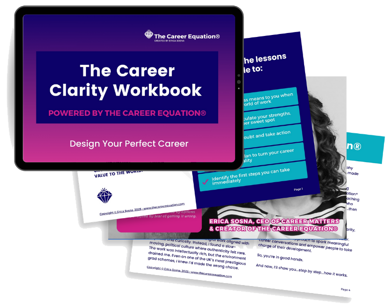 Tablet displaying 'The Career Clarity Workbook' by Erica Sosna, with additional pages of career development content and Erica Sosna's name and title visible.