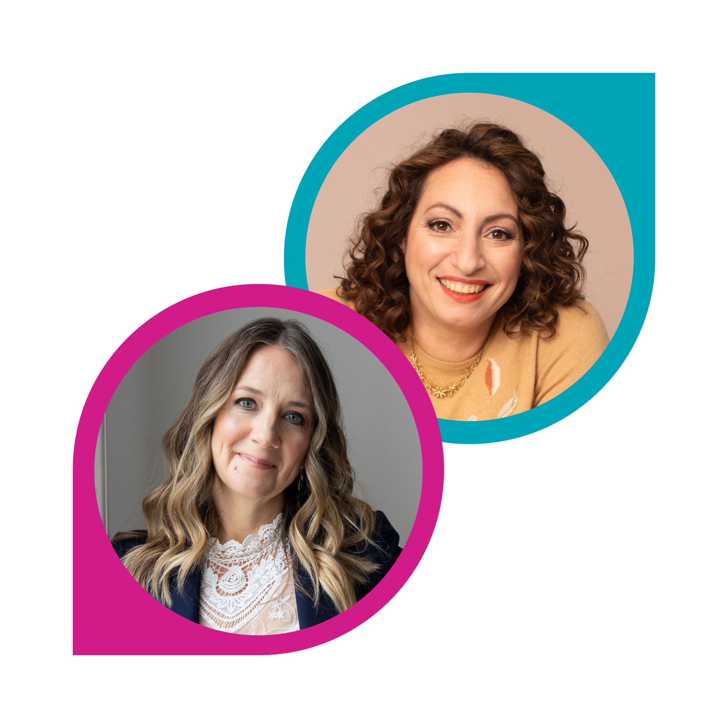 Two women in headshot photos with colorful borders, the woman in the foreground has blonde hair and a lace top, the woman in the background has curly brown hair and a beige sweater.