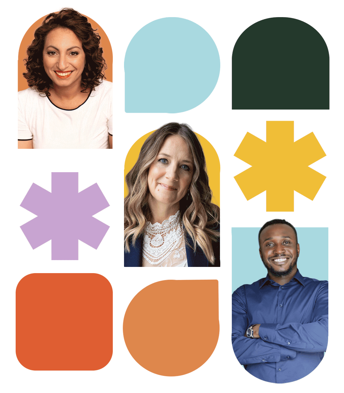 Collage of three diverse people with geometric shapes in different colors surrounding them.