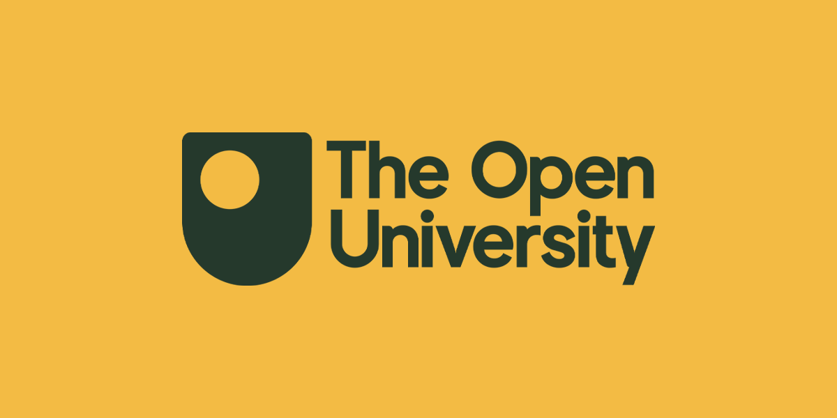 The logo of The Open University on a yellow background, featuring a black stylized icon and text.