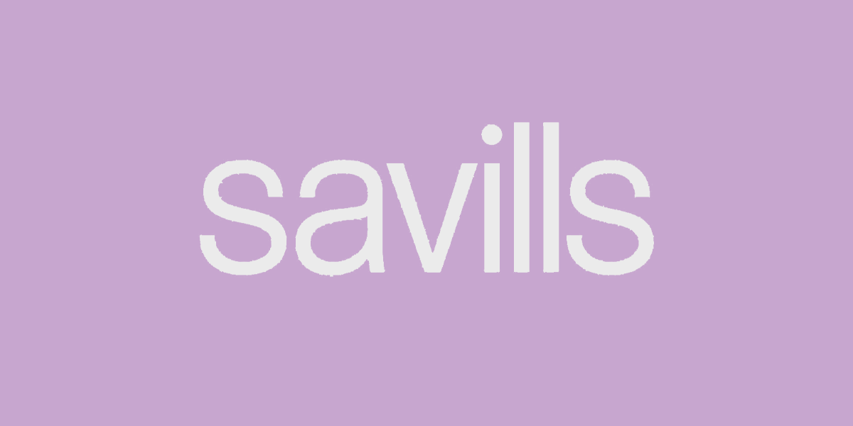 Light purple background with the word "savills" written in large white lowercase letters.