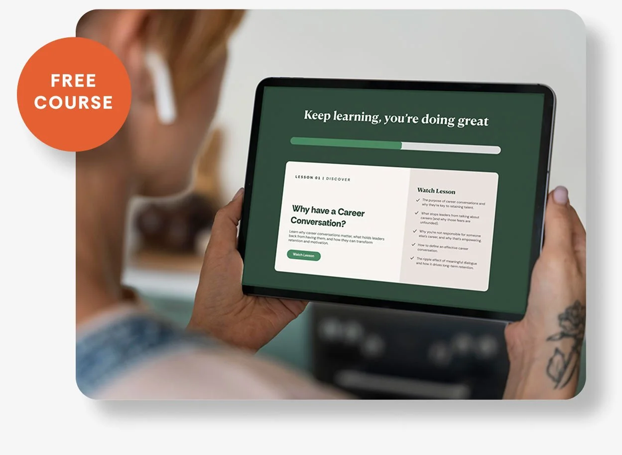 A person holding a tablet displaying an online course about careers, with a green progress bar and a red circle indicating a free course.