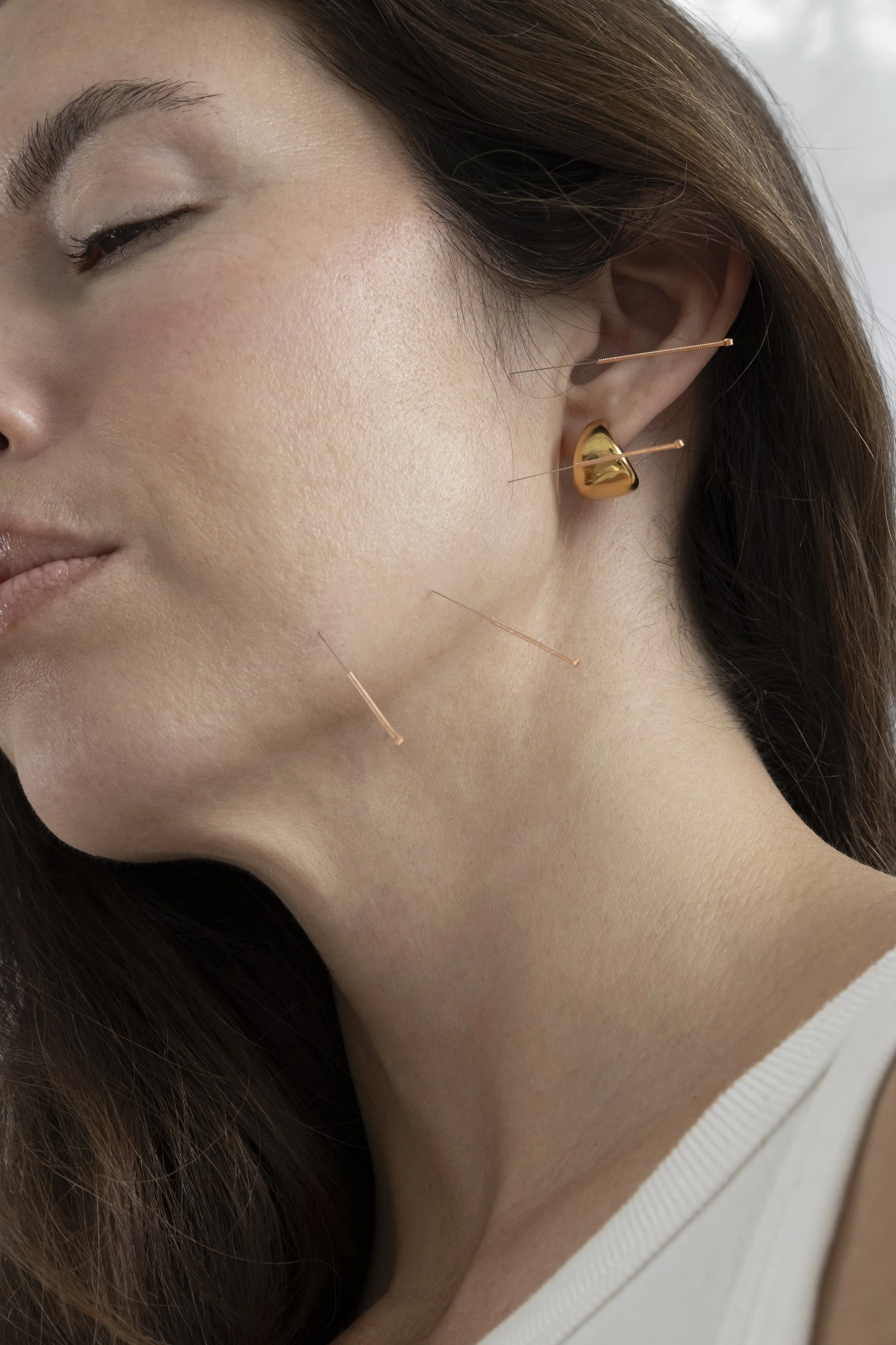 Close-up of a woman's face with multiple lip and ear piercings, including a gold ear cuff and several gold barbell piercings on her earlobe, neck, and chin.