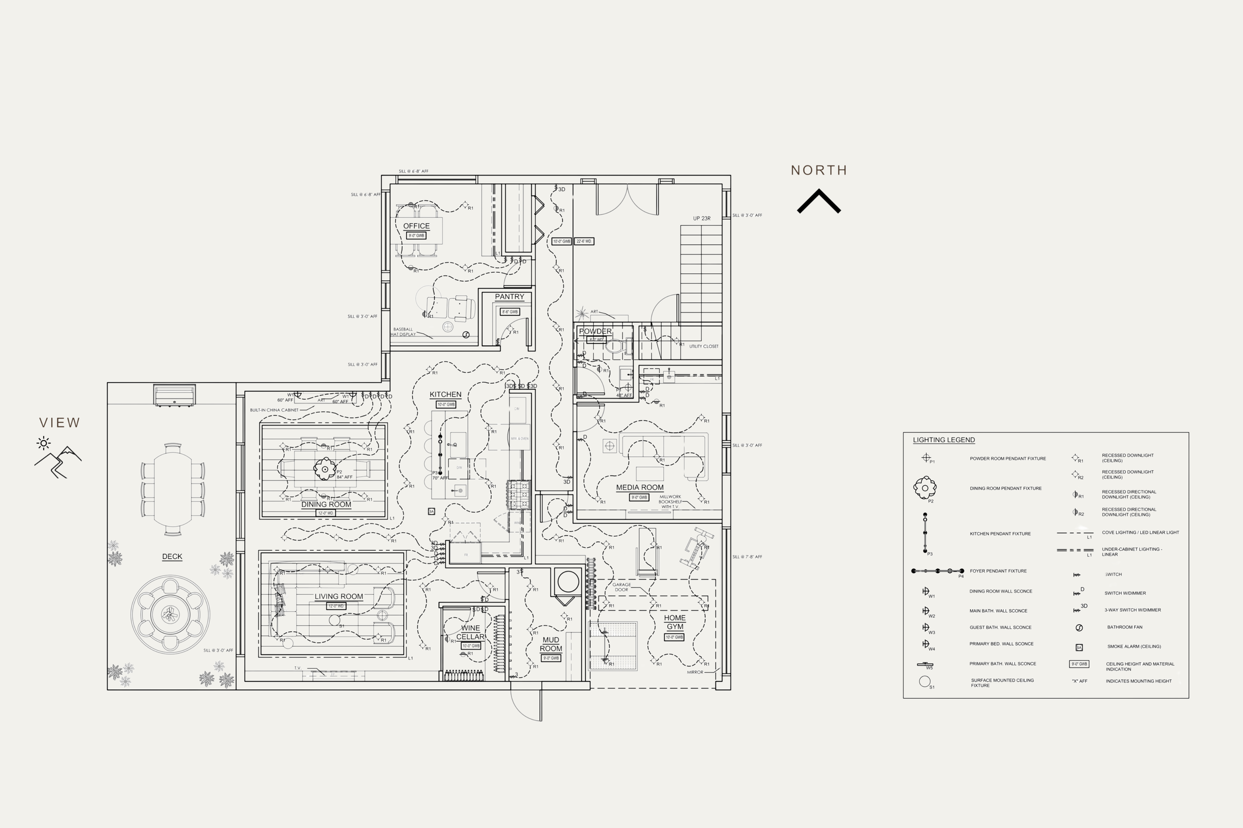 Architectural floor plan of a house with labeled rooms, including kitchen, living room, dining room, media room, wine cellar, mudroom, home gym, office, pantry, powder room, garage, and deck, with a north arrow and lighting legend.