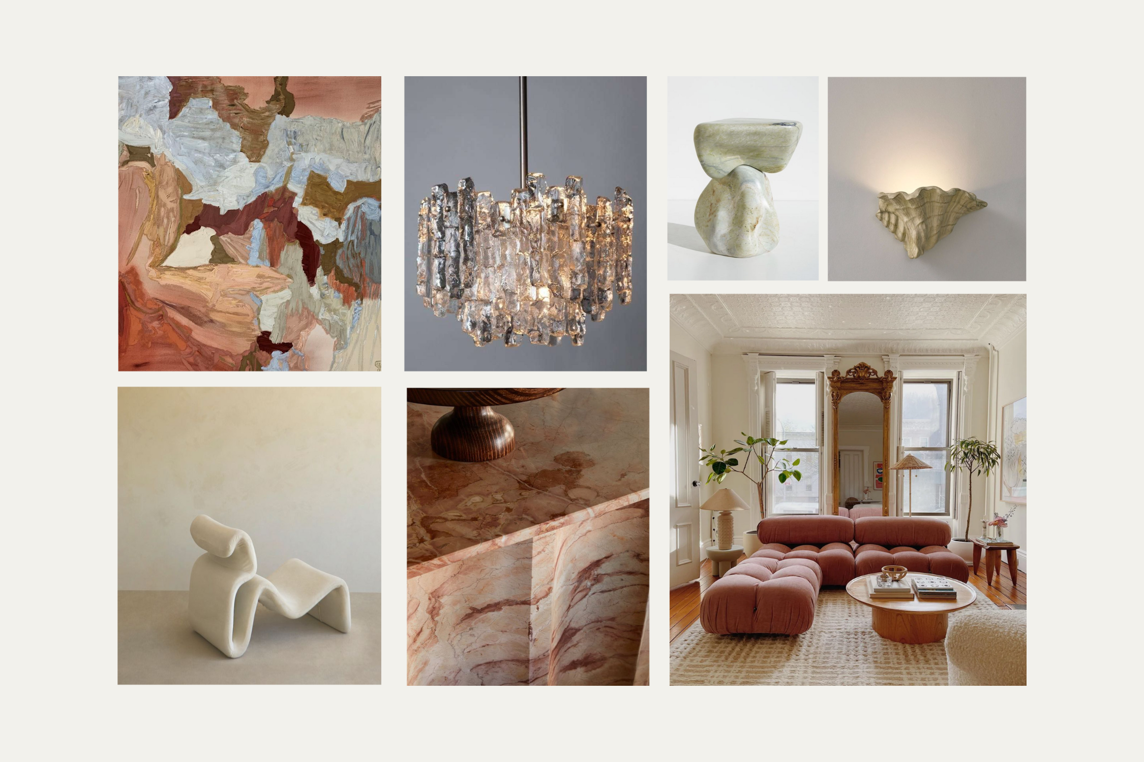 Interior design collage featuring abstract art, a chandelier, stone and ceramic sculptures, a marble table, and a living room with a blush-colored sectional sofa, wooden furniture, and decorative plants.