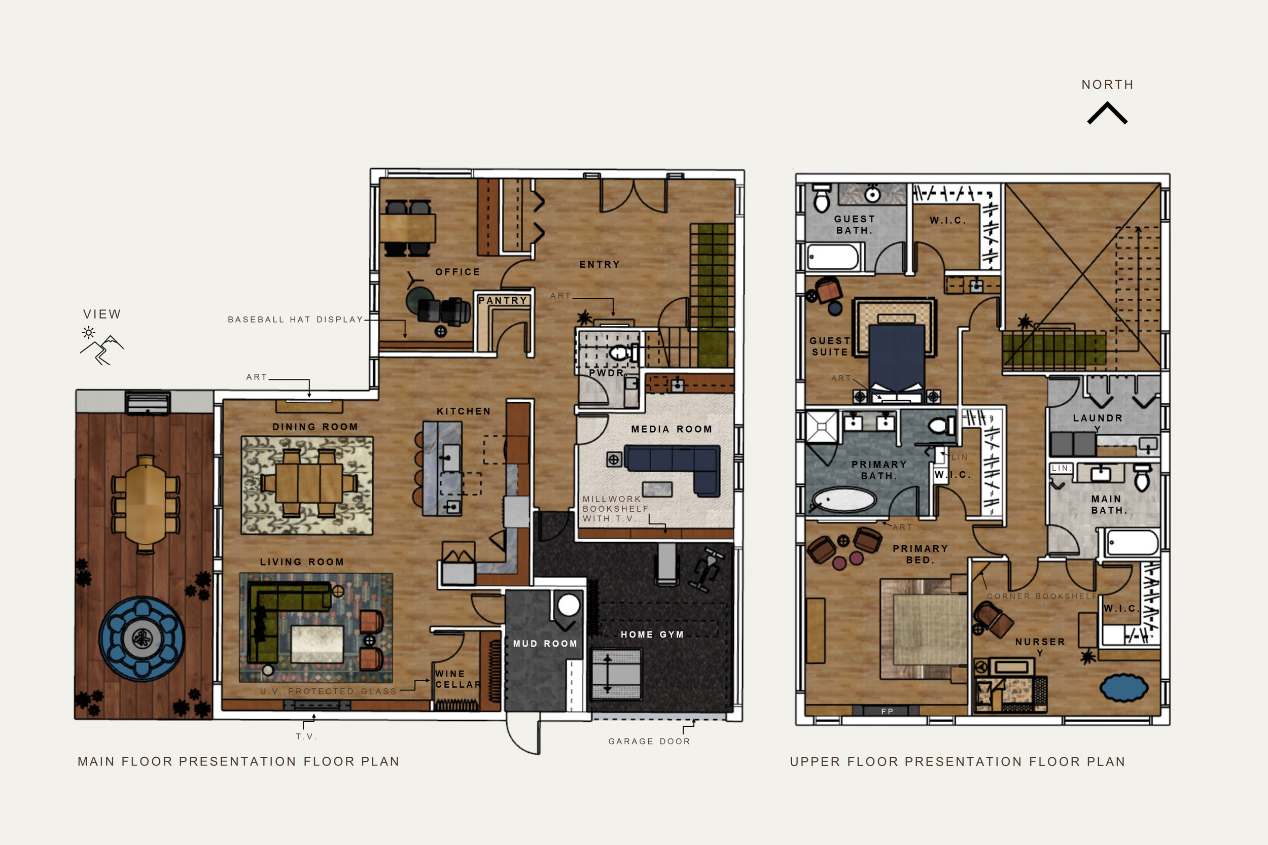 Floor plan of a two-story house with labeled rooms including a living room, dining room, kitchen, media room, office, mudroom, home gym, wine cellar, and outdoor deck on the main floor; and bedrooms, bathrooms, laundry, nursery, and storage areas on 