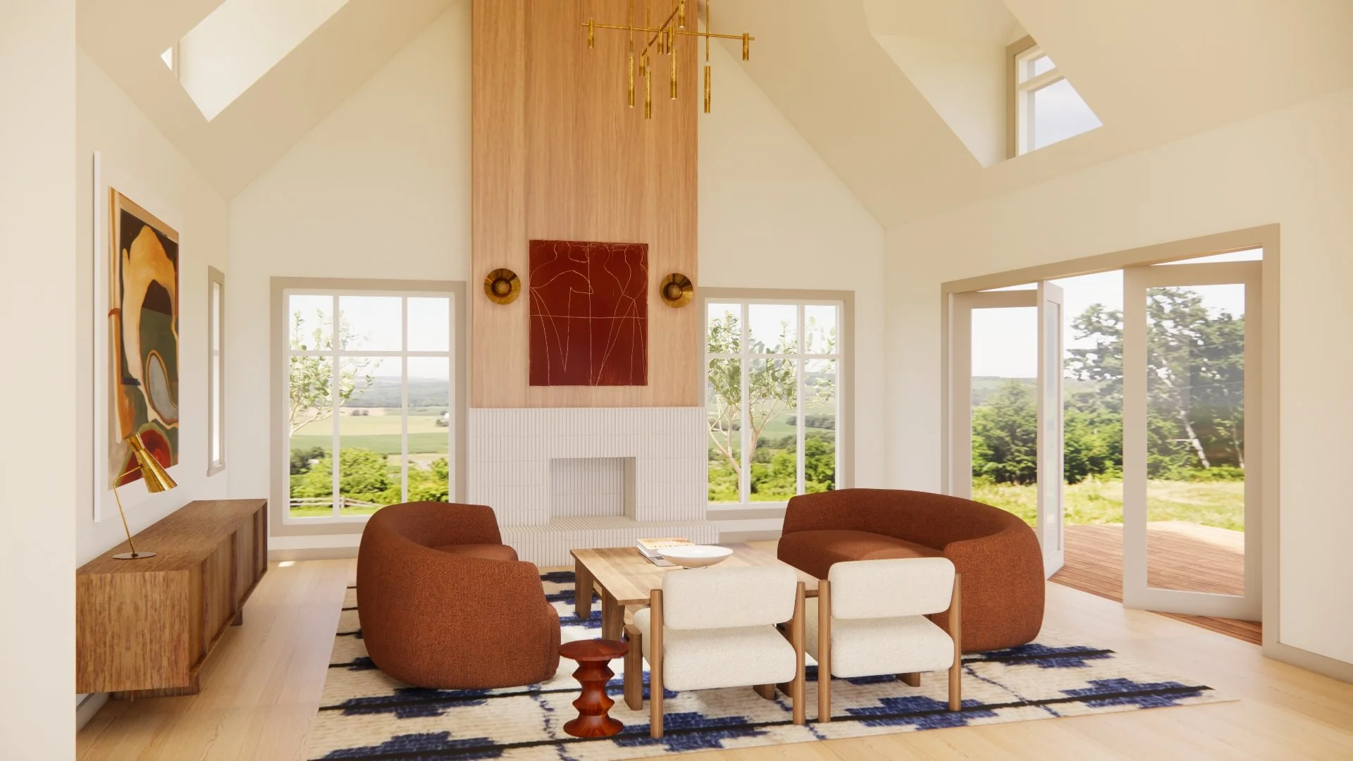 Living room with brown curved sofas, a wooden coffee table, a white fireplace, large windows showing greenery outside, and abstract artwork on the wall.