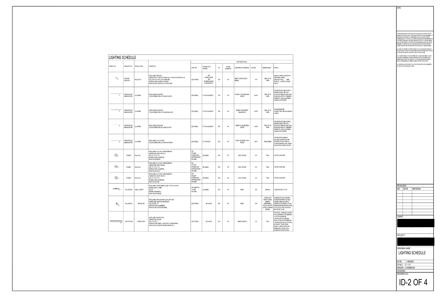 A detailed lighting schedule with rows and columns, including symbols, descriptions, quantities, and specifications for various light fixtures in a building project.