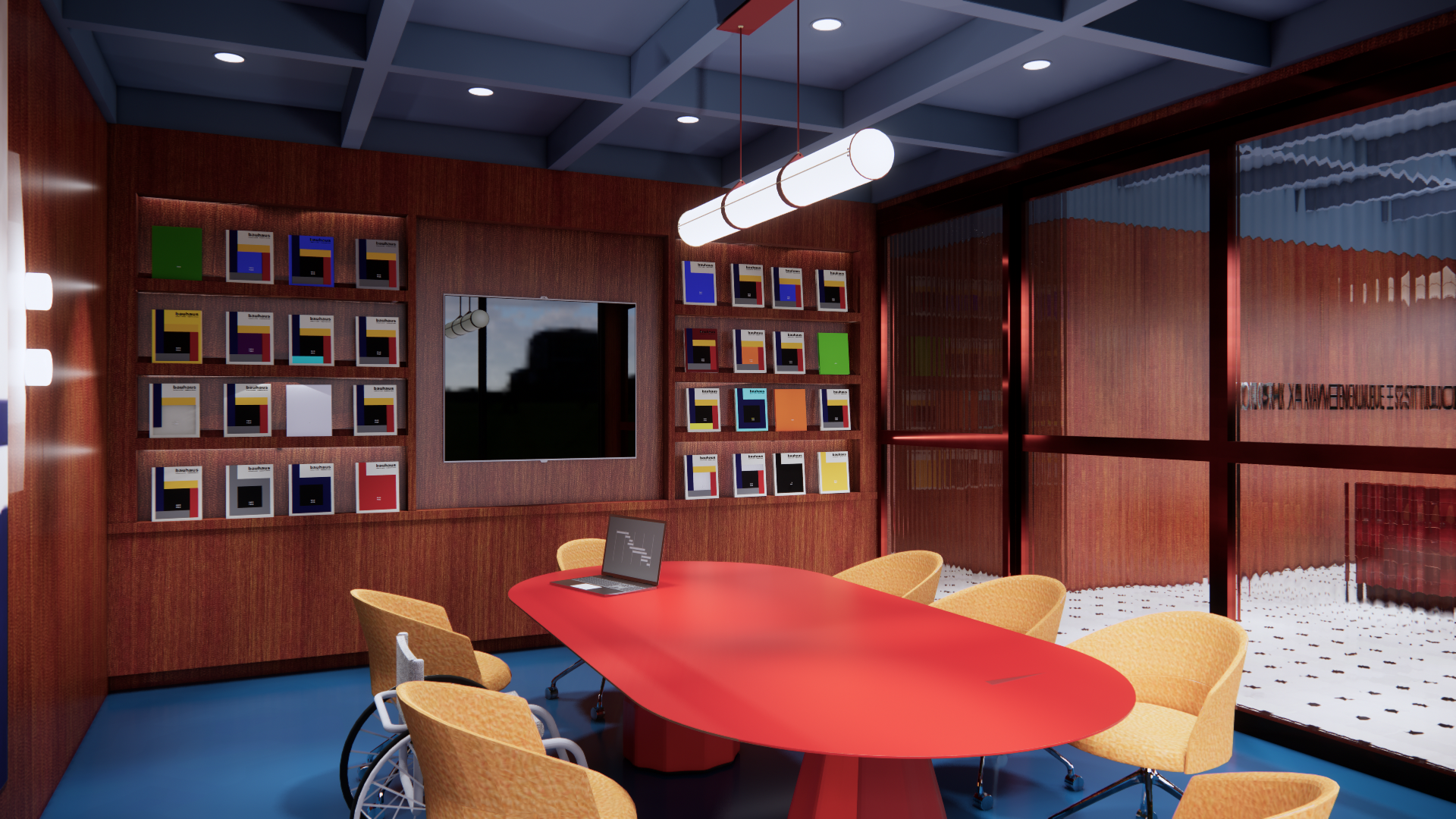 A conference room with a large red oval table, six yellow chairs, and one wheelchair. There is a wooden wall with colorful books and a large screen in the center. The ceiling has blue beams and modern light fixtures. Floor-to-ceiling windows with a t