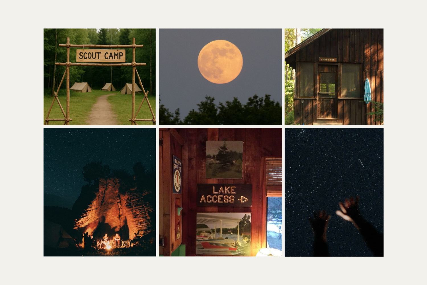 Collage of six images showing a scout camp entrance with tents, a full moon at dusk, a wooden cabin, a starry night sky, a campfire with people, a lake access sign with a painting, and hands reaching toward the starry sky.