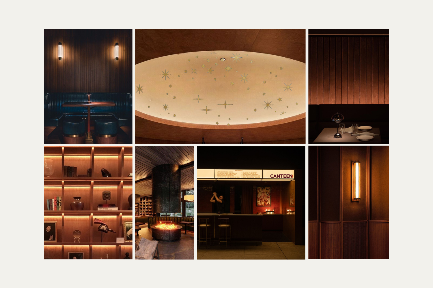 Collage of interior spaces with warm lighting, wooden decor, and modern furnishings, including a booth with a table, a ceiling with star motifs, a dining table with glassware, a bookshelf, a lounge with a fire feature, and a bar with a staff member.