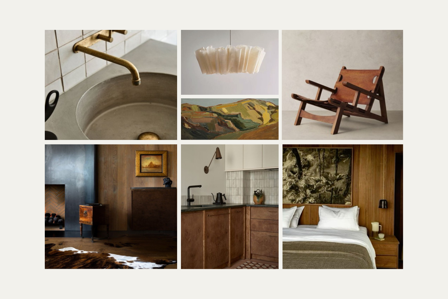 Collage of interior decor and furnishings, including a kitchen sink with a gold faucet, a pendant light, landscape painting, wooden lounge chair, mountain landscape painting, wooden bedroom with artwork, kitchen with brown cabinets, and a bedroom wit