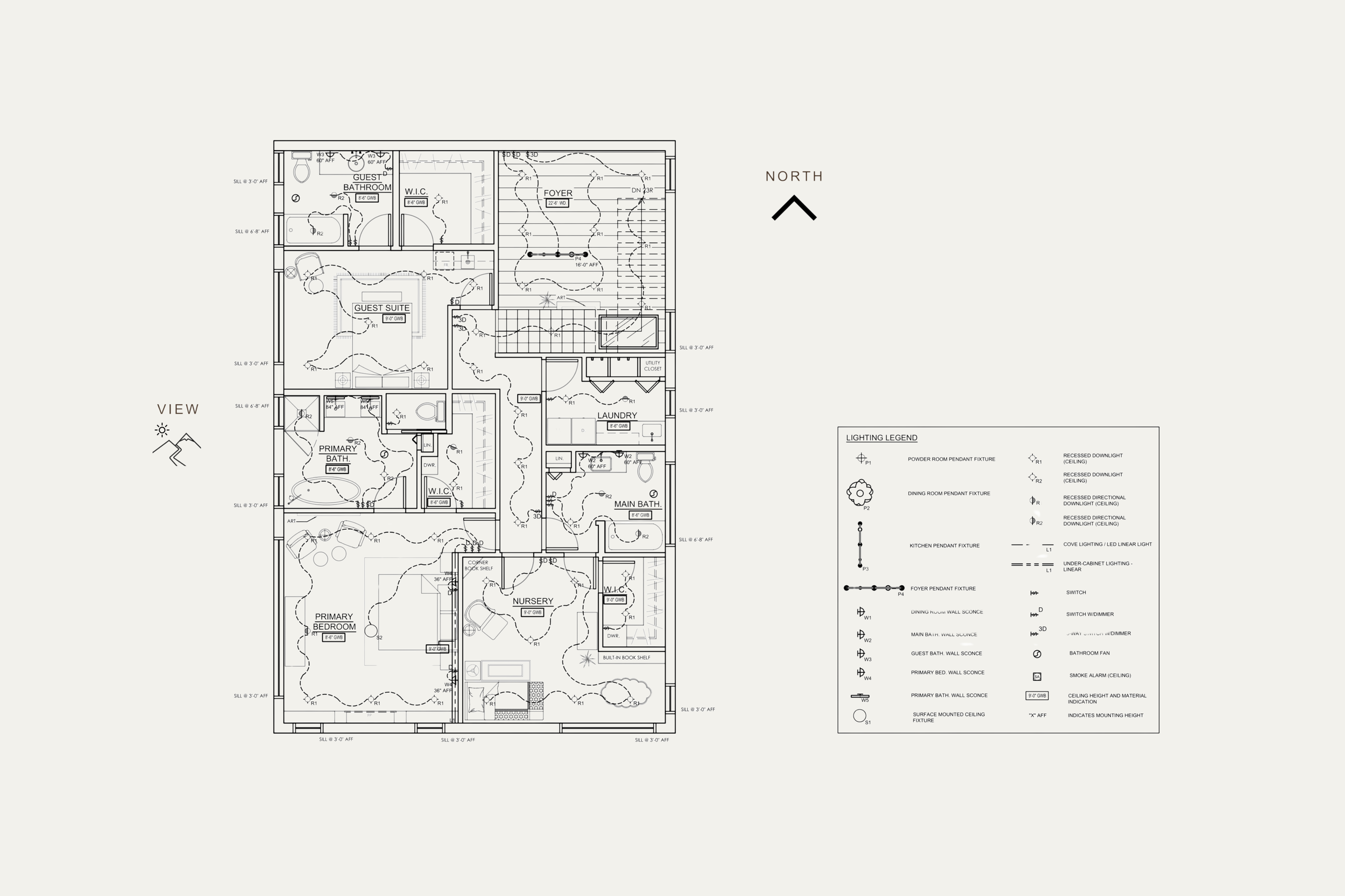 Floor plan of a house showing rooms, furniture, and electrical fixtures, labeled with room names and a legend explaining lighting symbols.