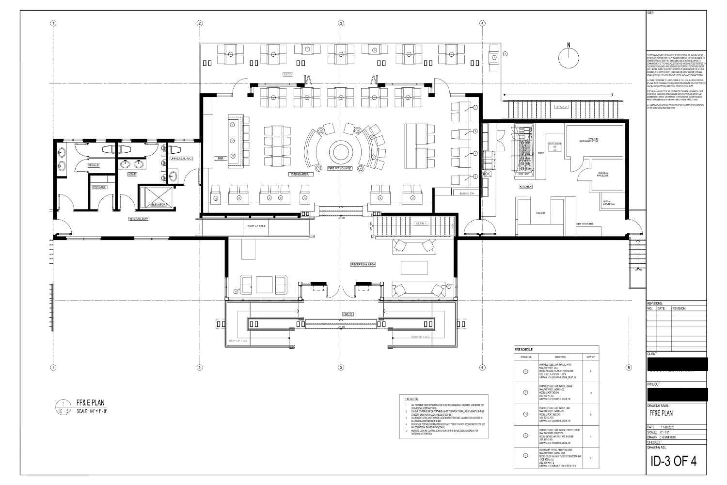 Architectural floor plan of a building, showing various rooms including restrooms, storage, reception, kitchen, and multiple seating areas, with detailed measurements and labels.