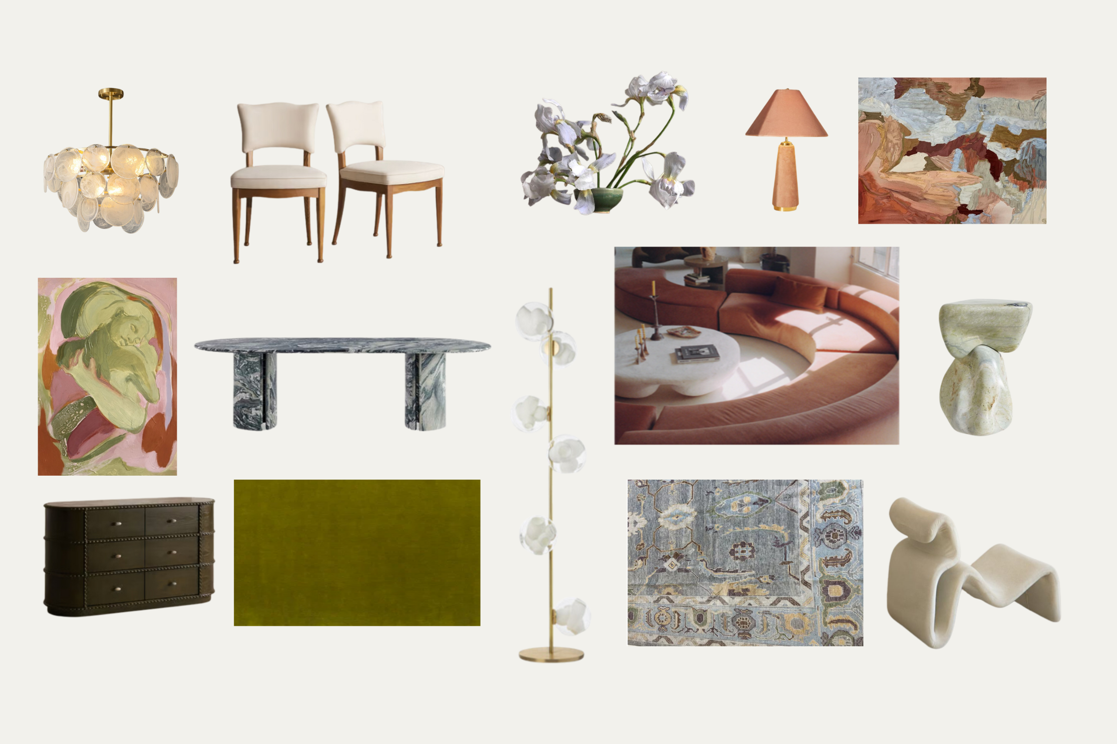 Collection of various modern and vintage furniture, lighting, artwork, and decorative items including a chandelier, two upholstered chairs, a floral arrangement, a table lamp, abstract paintings, a marble table, a curved sofa, sculptures, a dresser, 