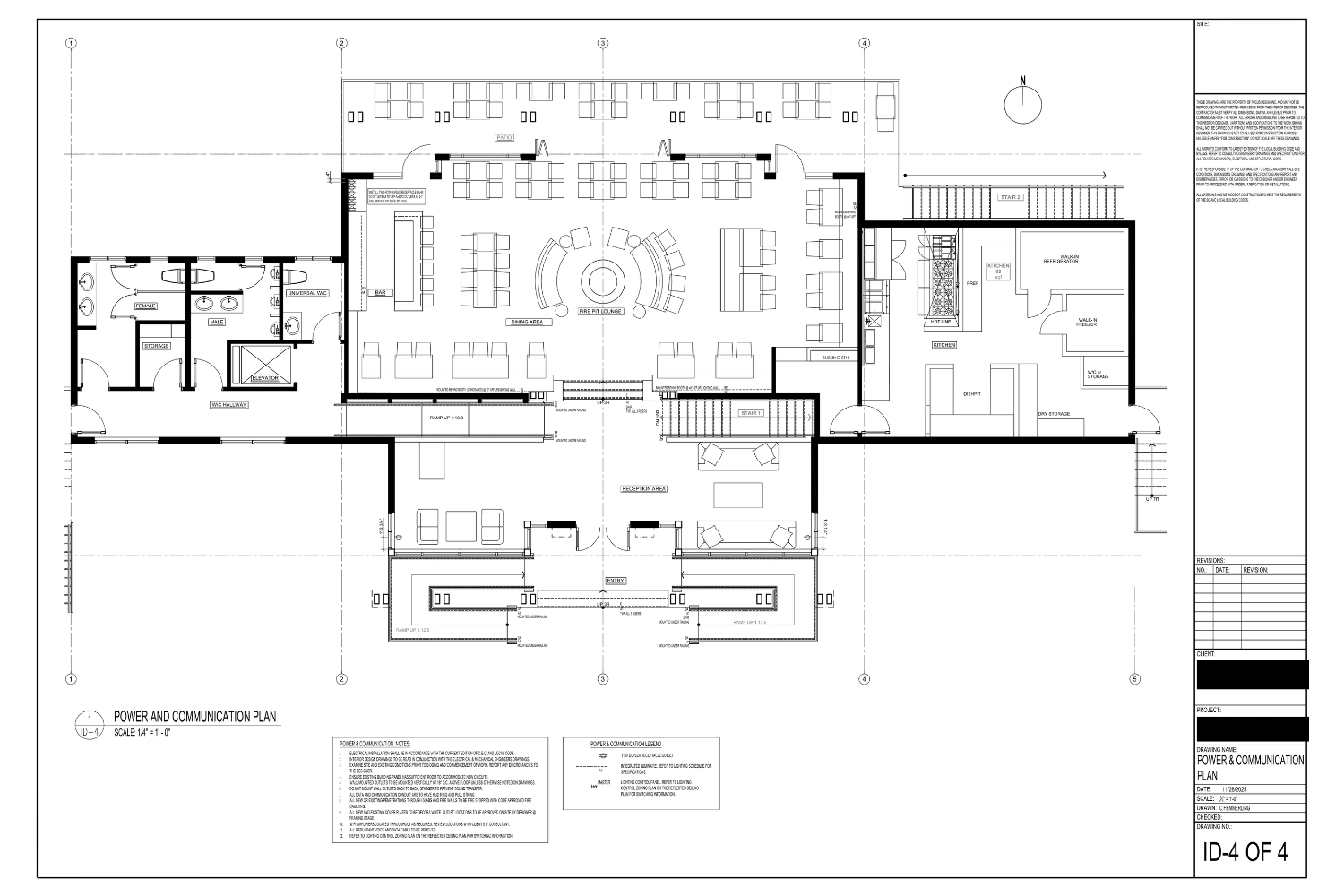 Architectural floor plan of a building including a reception area, dining area with fire pit lounge, kitchen, office, storage rooms, restrooms, and outdoor seating area.