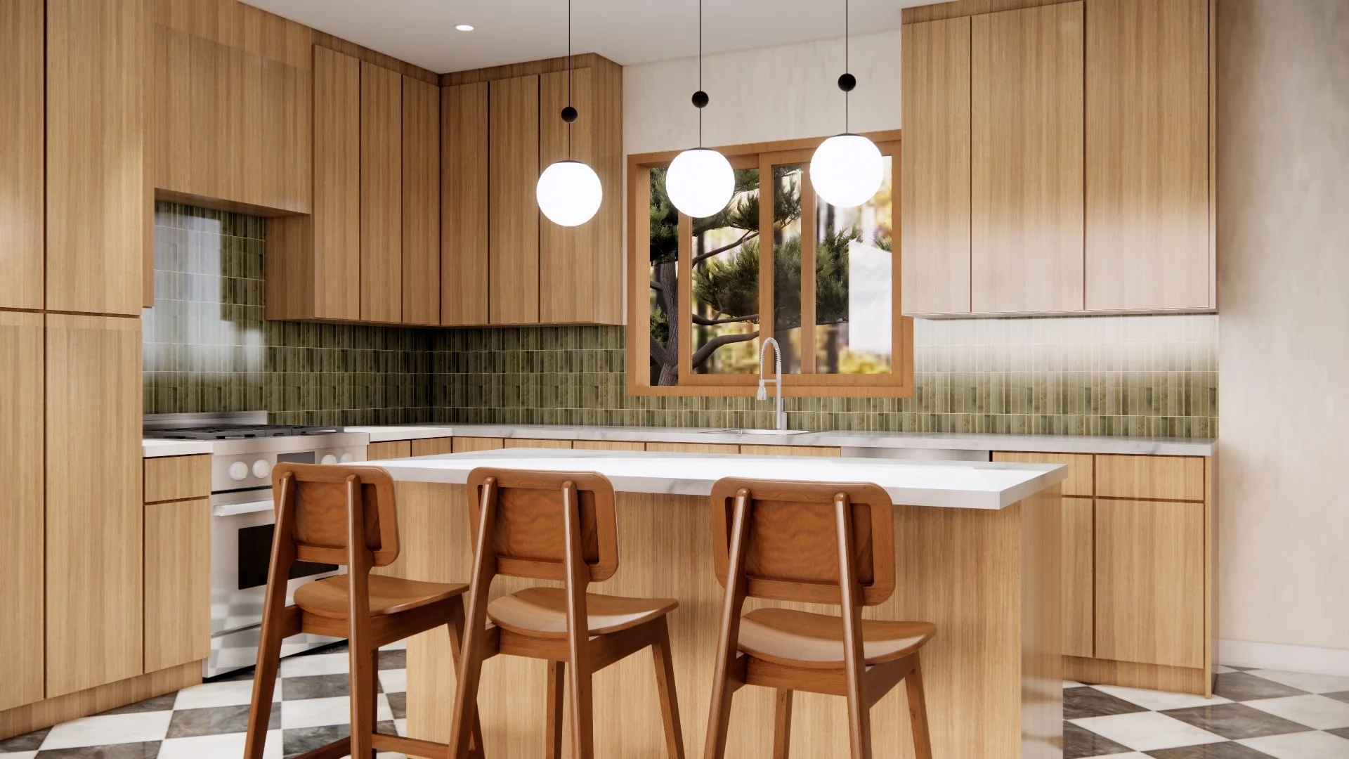 Modern kitchen with wooden cabinets, green tiled backsplash, white countertop, three wooden chairs at an island, and a window overlooking trees, with pendant lights hanging above.
