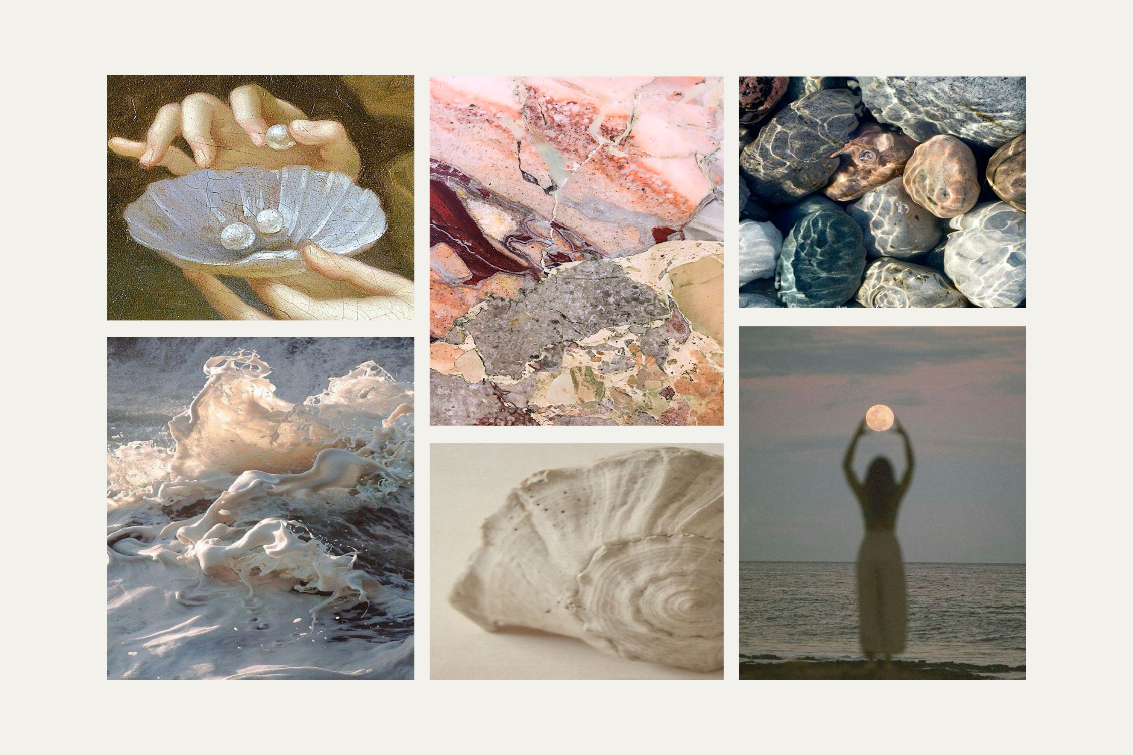 Collage of nature and ocean-themed images, including hands holding seashells, colorful rocks, ocean waves, a person at the beach holding the moon, and abstract close-up shots of shells and stones.