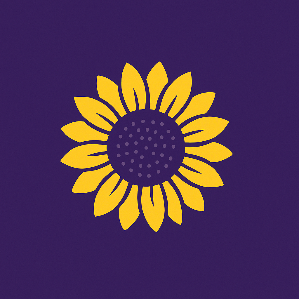 A yellow sunflower graphic on a dark purple background.