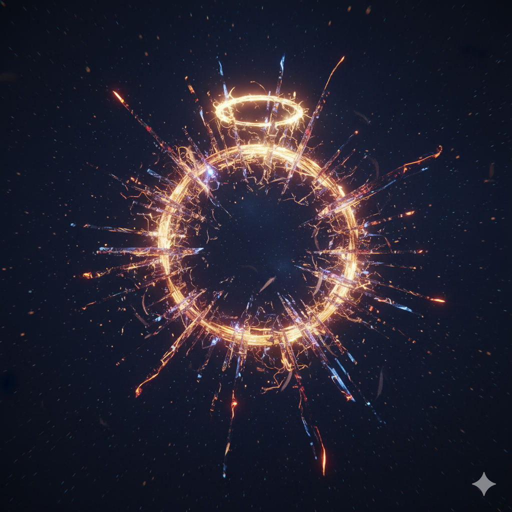 Bright fireworks exploding in a circular pattern in the night sky, creating a starburst effect with sparks radiating outward.