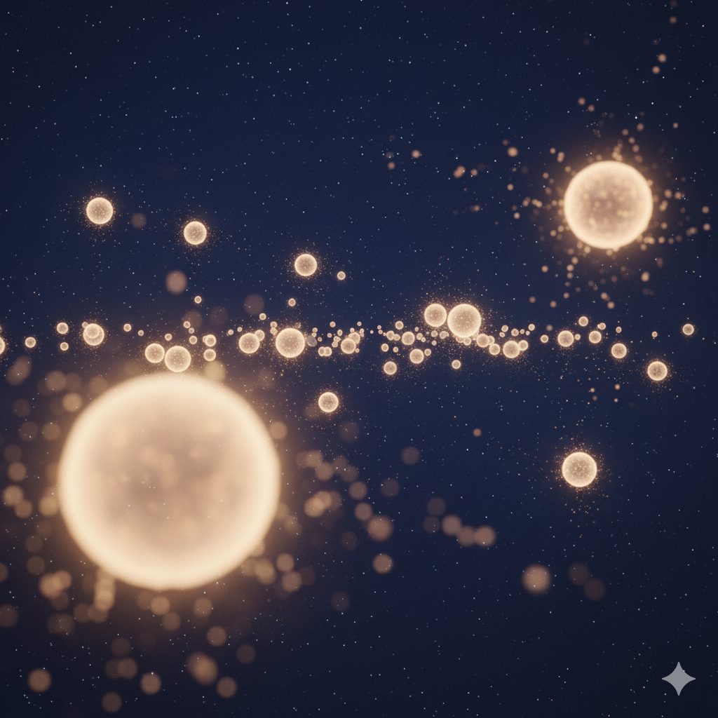 Abstract depiction of glowing particles and bubbles floating in a dark space, resembling a cosmic scene or microscopic view.