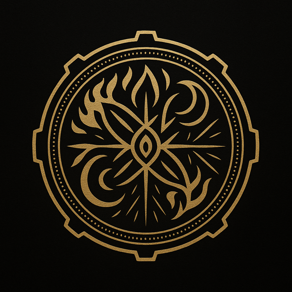 A gold ornate circular emblem with abstract designs, flames, crescent moons, and geometric shapes on a black background.
