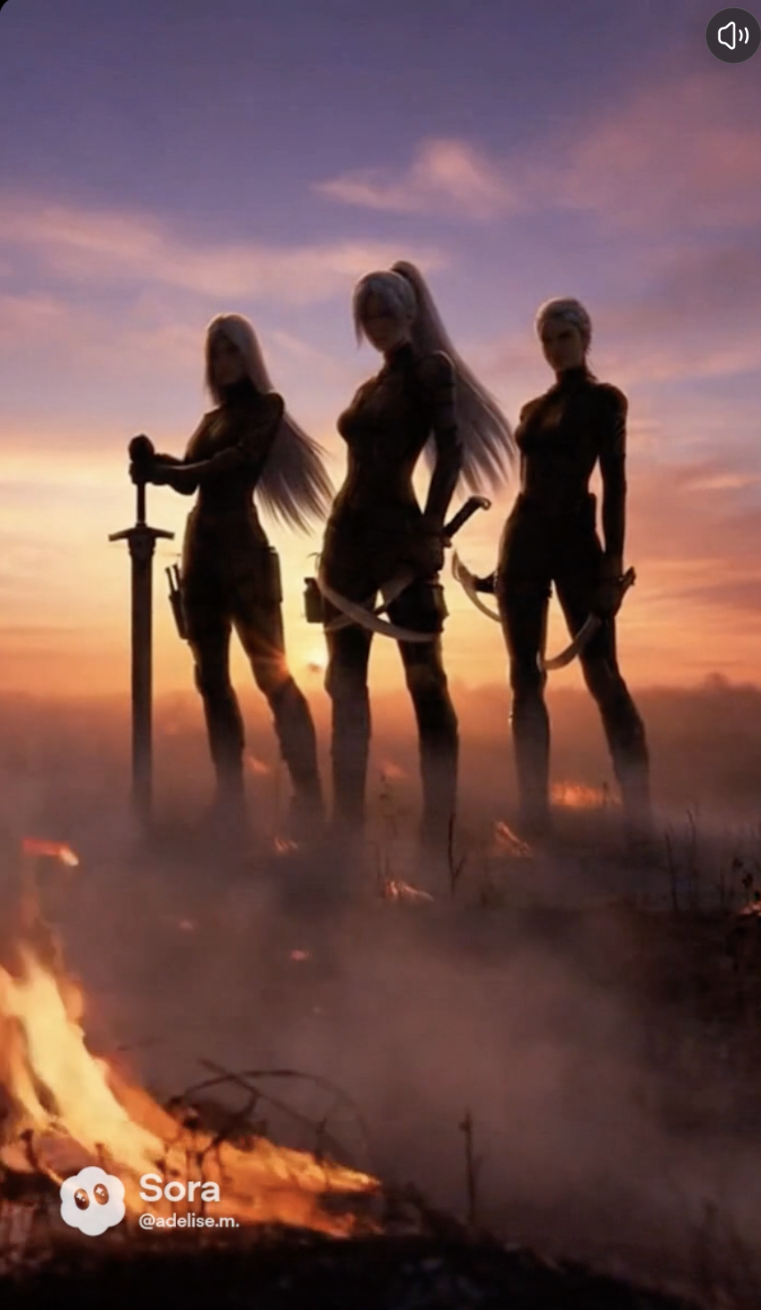 Silhouettes of three women with long hair and weapons standing against a sunset sky, with a fire in the foreground.