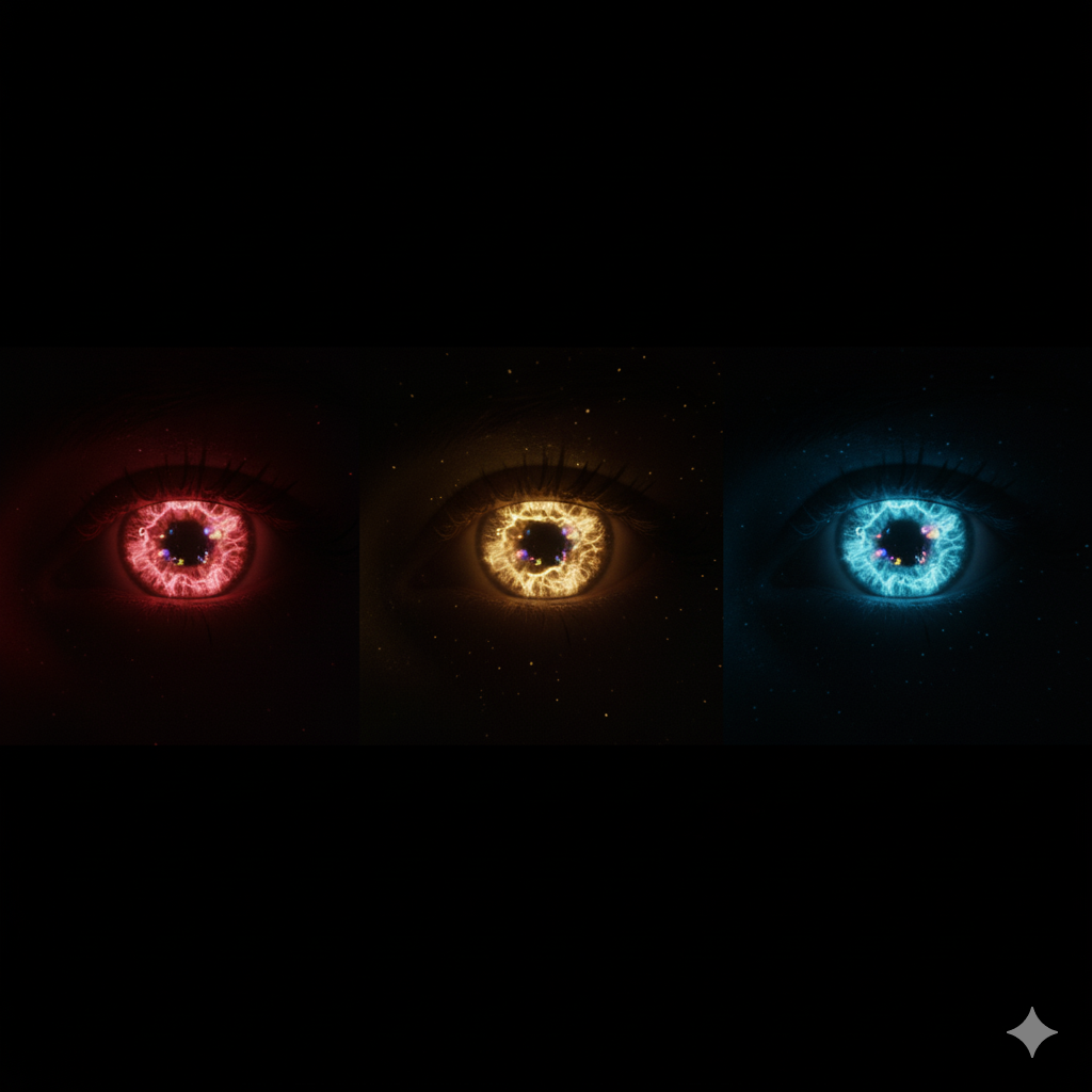 Three digital illustrations of eyes, each with glowing irises in red, gold, and blue, surrounded by dark backgrounds and small particles.