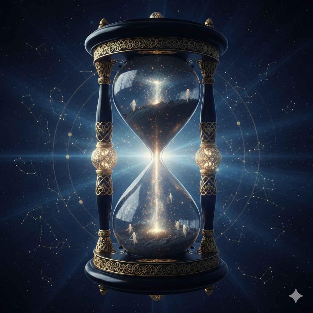 A decorative hourglass with intricate gold details against a cosmic background. The glass contains stars, galaxies, and celestial clouds, creating a surreal universe inside the hourglass.