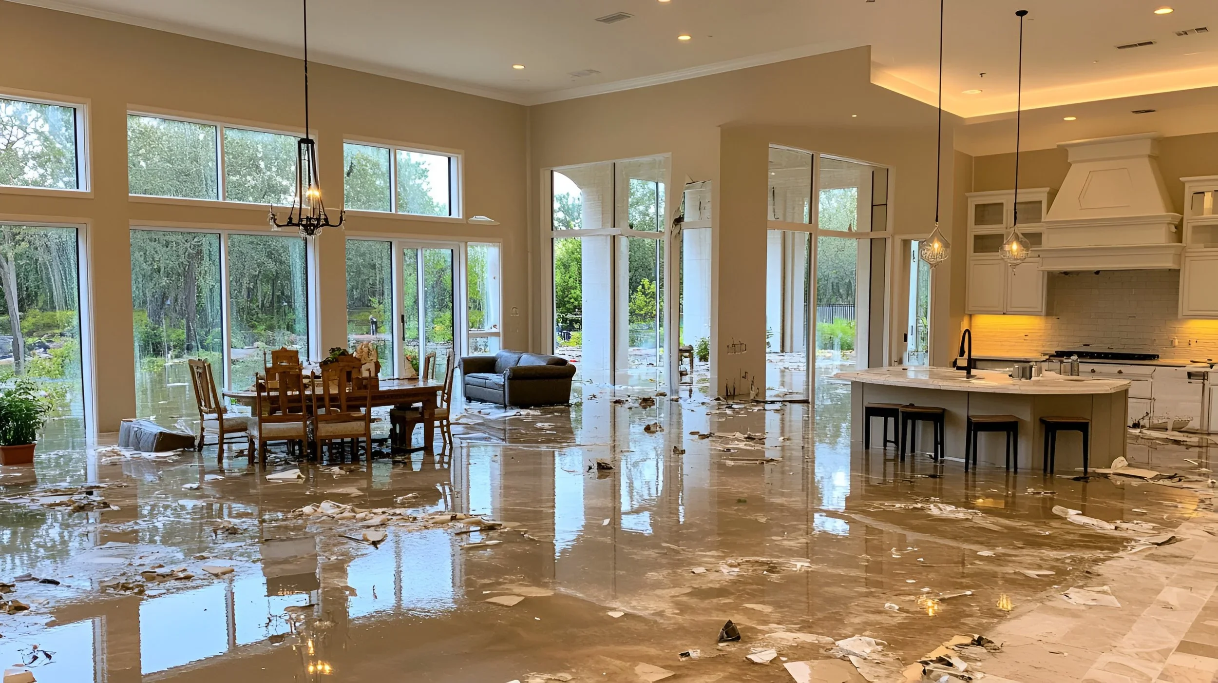 Flooded kitchen and dining area with water on the floor, scattered debris, and sunlight coming through large windows, visible outdoors.