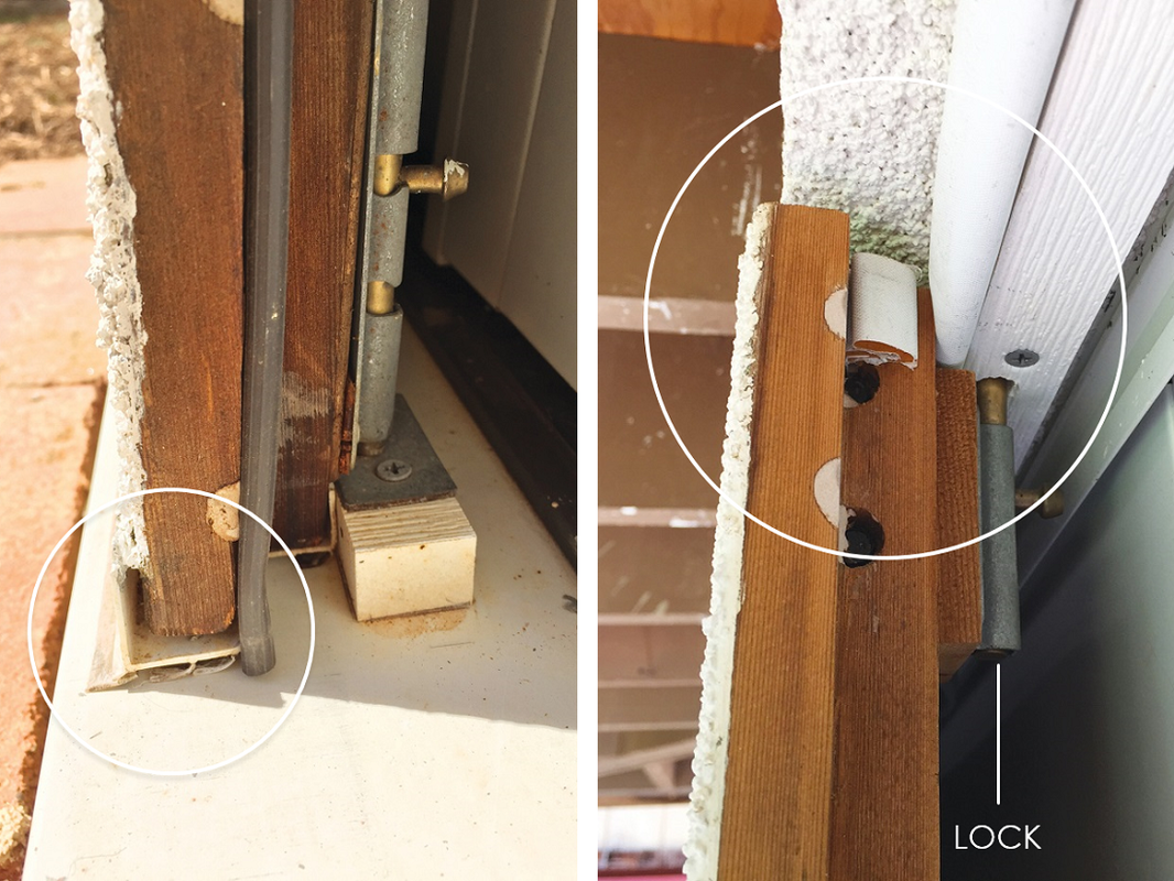 Close-up images showing the damaged and repaired corners of a shed door frame, with the left image displaying a broken corner and the right image showing a repaired corner with a lock.