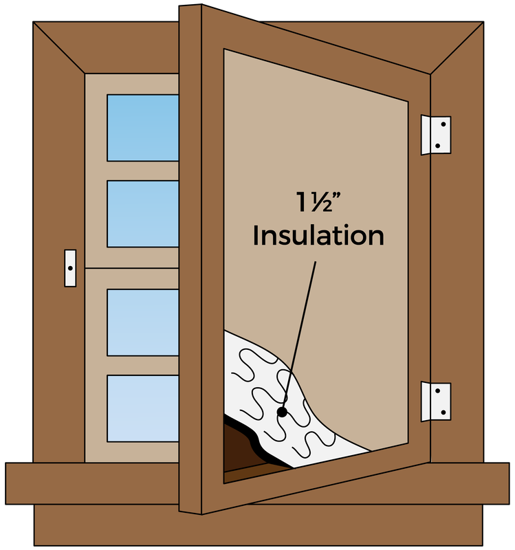 Illustration of a partially open wooden cabinet door revealing interior insulation labeled "1 1/2" Insulation" with a piece of insulation material inside.