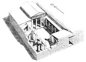 Isometric drawing of a backyard with a patio, seating area, and a small garden.