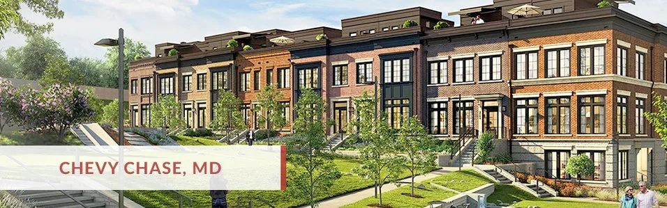 Newly built row houses with brick facades, large windows, and small front yards, labeled 'Chevy Chase, MD'.