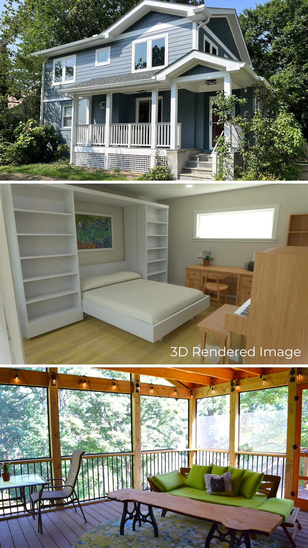 Three-story house with a blue-gray exterior, white trim, front porch, and surrounding greenery. Interior bedroom with white furniture, bookshelf, bed, and window. Outdoor screened porch with string lights, green sofa, coffee table, and trees outside.