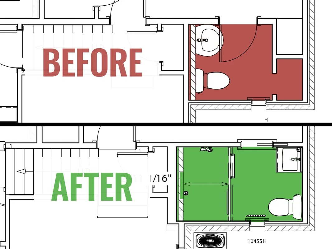 Floor plan showing a bathroom before renovation with a bathtub and toilet marked in red, and after renovation with a walk-in shower and updated fixtures marked in green.
